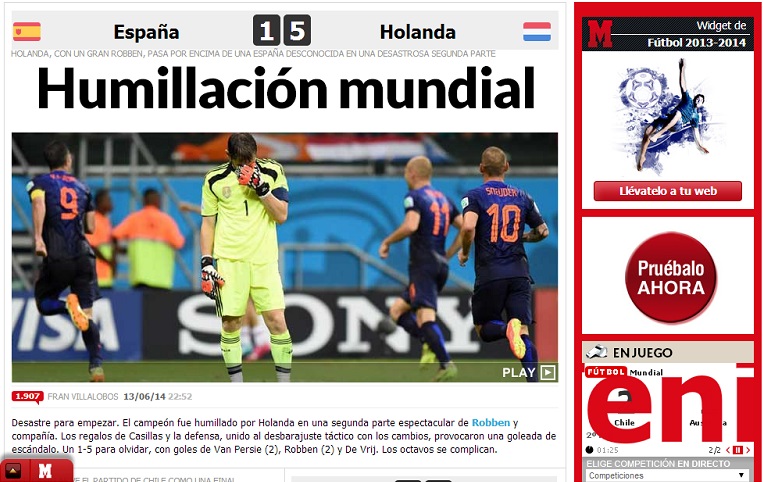 O jornal Marca, da Espanha, estampou a "humilhação" em sua home page.