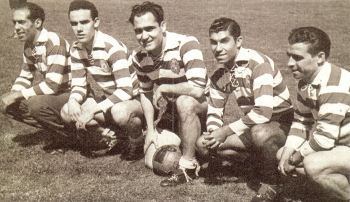 Os músicos da boal do Sporting: Jesus Correia, Vasques, Peyroteo, Travassos e Albano.