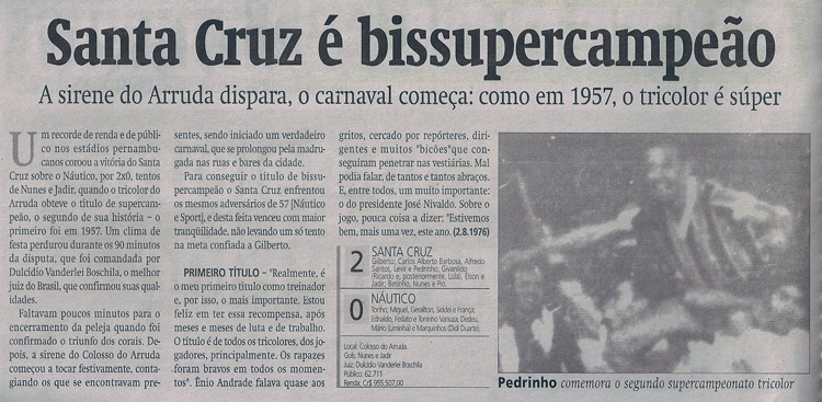 Jornal destaca o título do Santa Cruz em 1976.