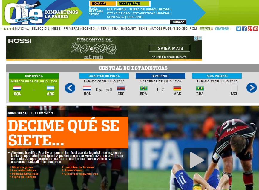 Home-page do Olé (Argentina).