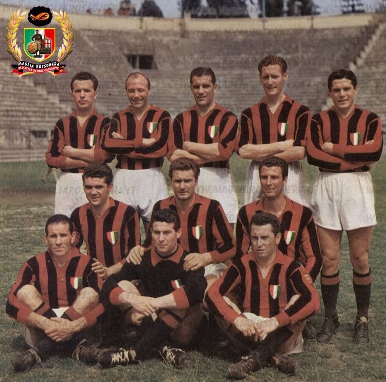 O Milan de 1951: Burini, Gren, Nordahl, Liedholm e Renosto. Annovazzi, Tognon e De Grandi. Silvestri, Buffon e Bonomi.